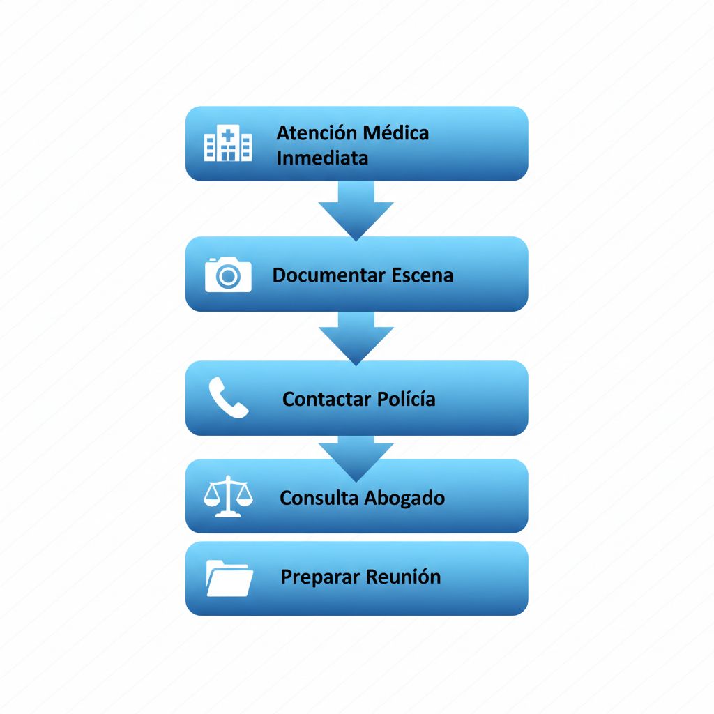 Flujo de proceso vertical con cinco etapas ilustradas para acciones iniciales tras un accidente en San José, incluyendo atención médica, documentación y consulta legal.