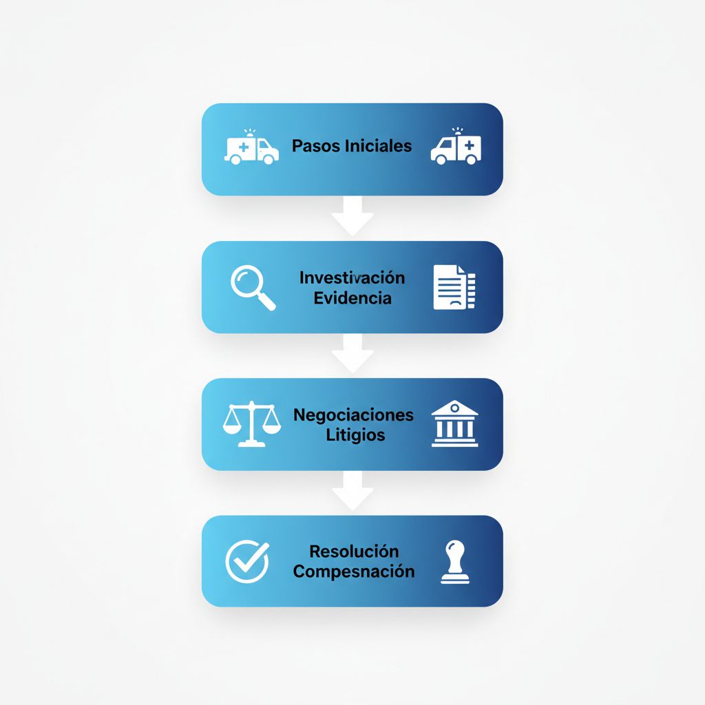 Diagrama de flujo vertical del proceso legal para accidentes de auto con cuatro etapas ilustradas.