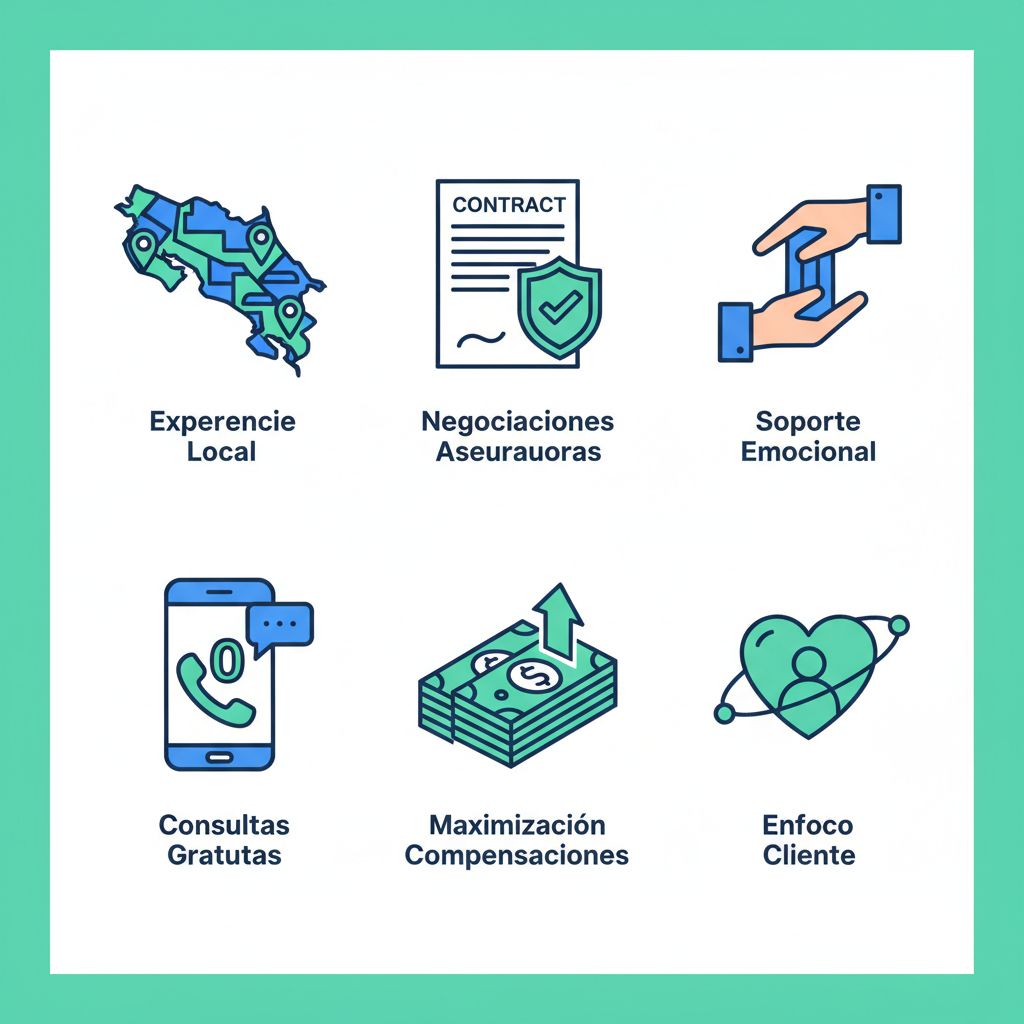 Conjunto de íconos ilustrando beneficios de contratar abogados especializados en lesiones personales en San José