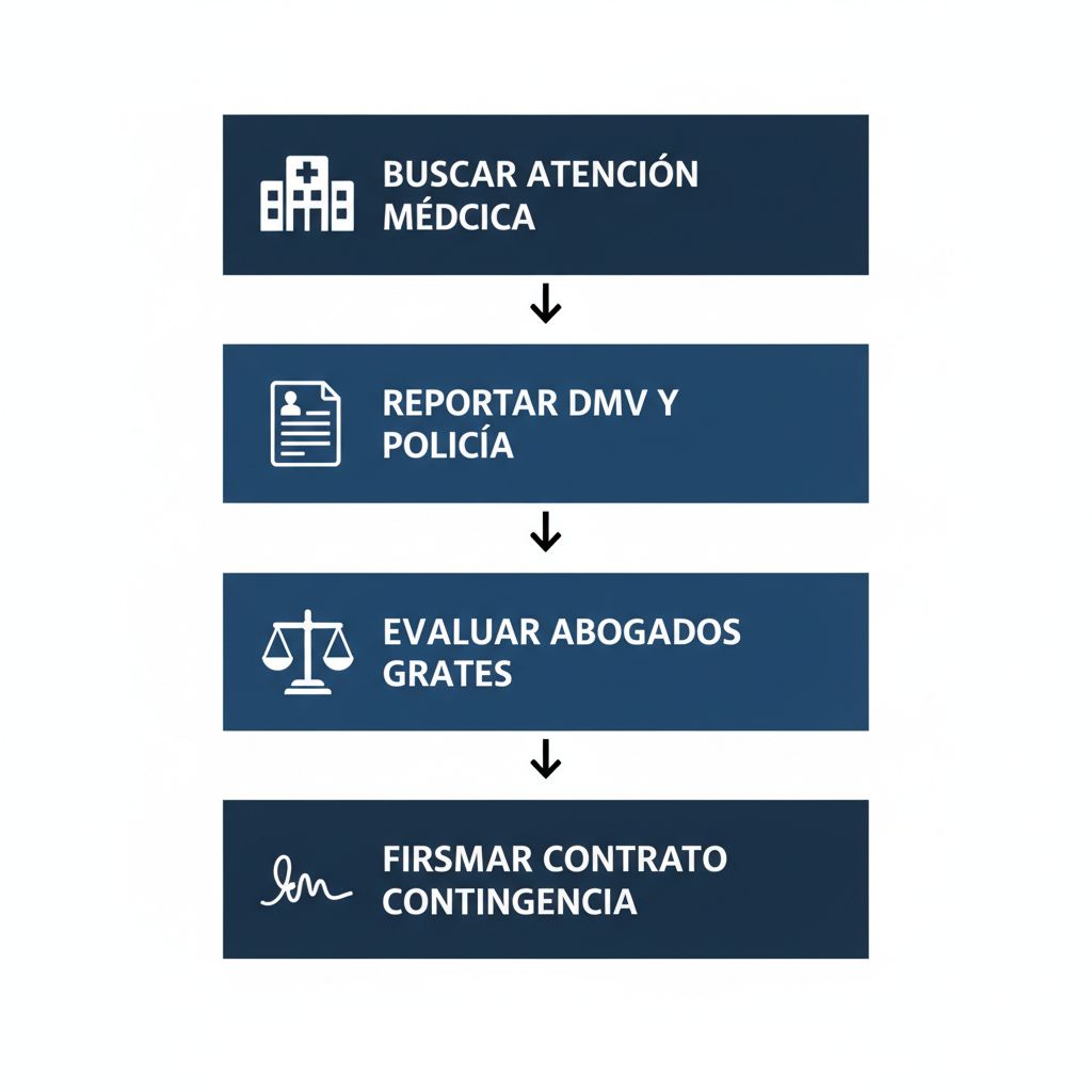 Diagrama de flujo vertical ilustrando los pasos para contratar abogados de lesiones personales después de un accidente en San José