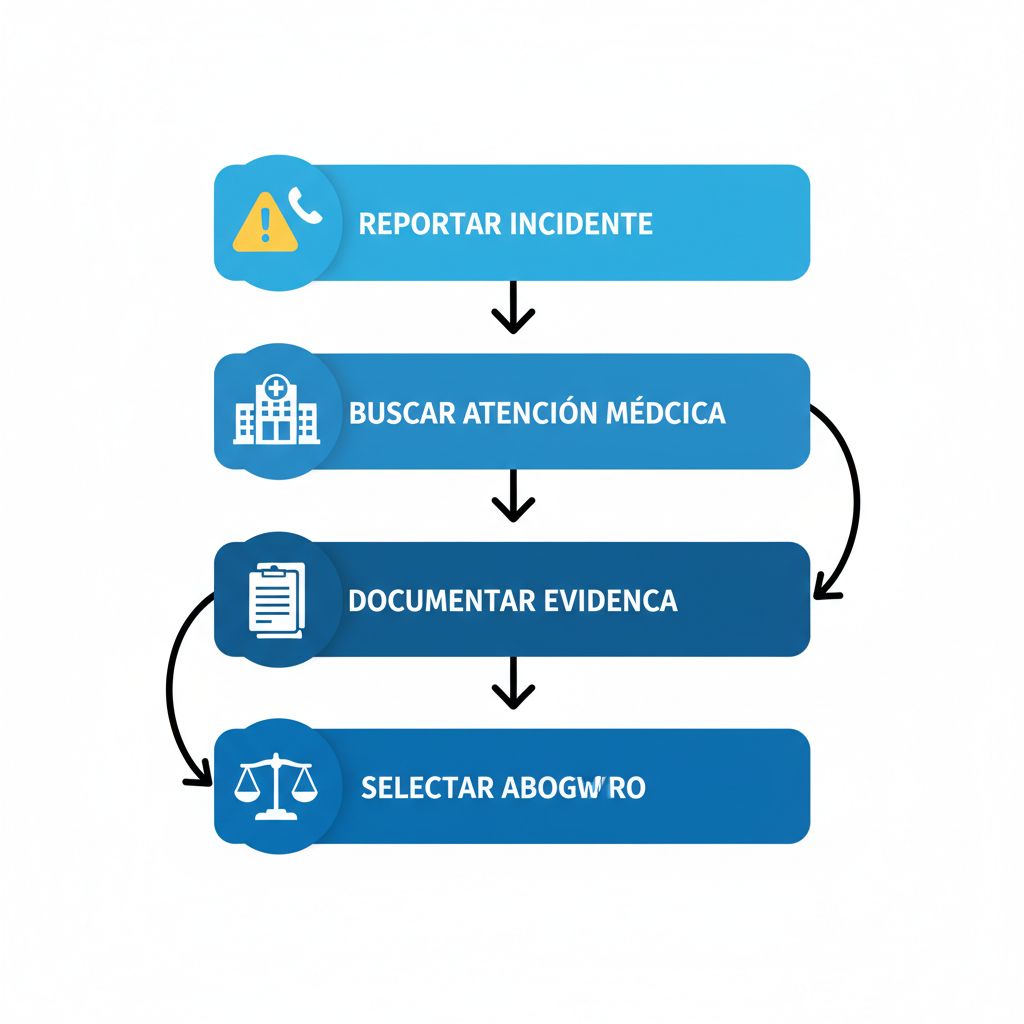 Diagrama vertical ilustrando los cuatro pasos clave para iniciar un reclamo por accidente laboral en San José, con iconos y flechas secuenciales.
